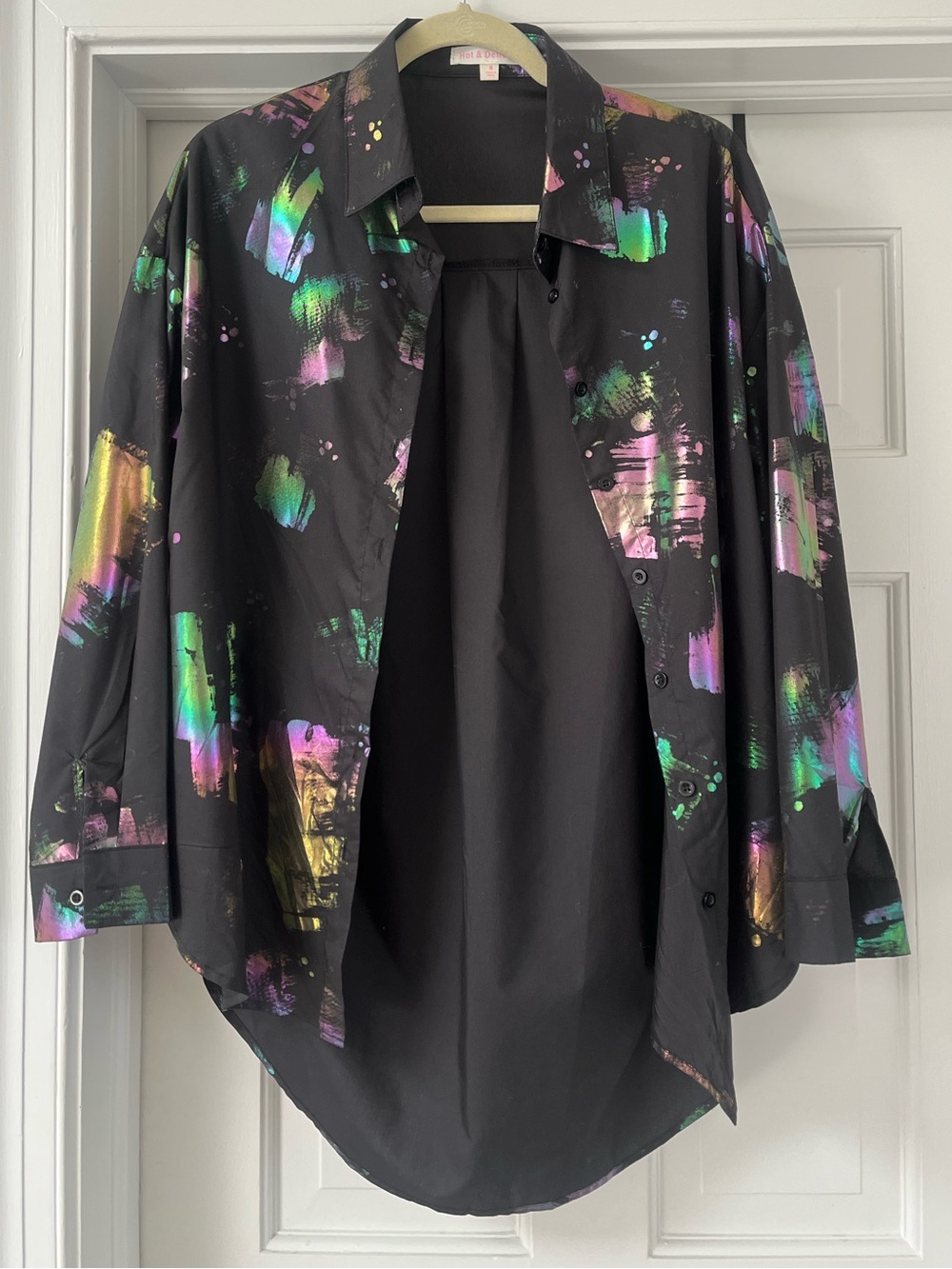 Designer Hot & Delicious Black Metallic Paint-Effect/Splatter Button-Up Shirt